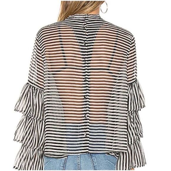 NWT GM Studio Women's Silk Striped Ruffle Sleeve Blouse Black White Size XS - Picture 12 of 12